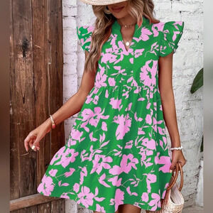 Floral Print Notched Neck Ruffle Trim Smock Dress